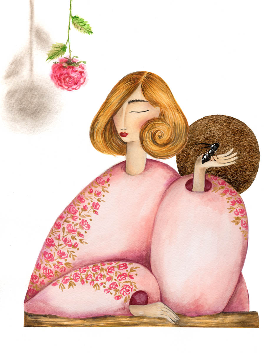 Lady and her pet Ant, Saddness. Moonlight 24x30cm